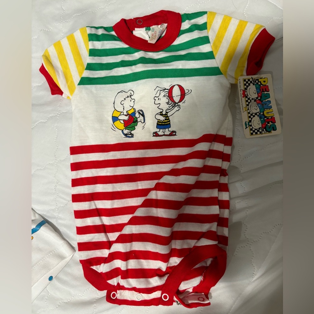 Vintage Peanuts Snoopy Baby Striped Green & White Top with Red Trim - 18 Months